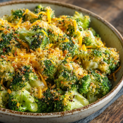 A casserole dish with baked broccoli and cheese.