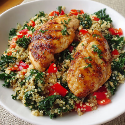 A vibrant bowl with grilled chicken, quinoa, and kale, on a white background with a NutrientShield logo.
