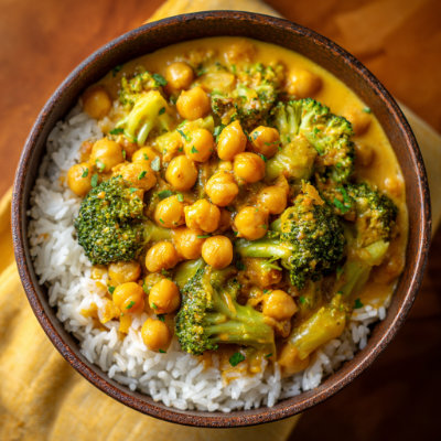 A curry with chickpeas, broccoli, and coconut milk, on a white background with a NutrientShield logo.