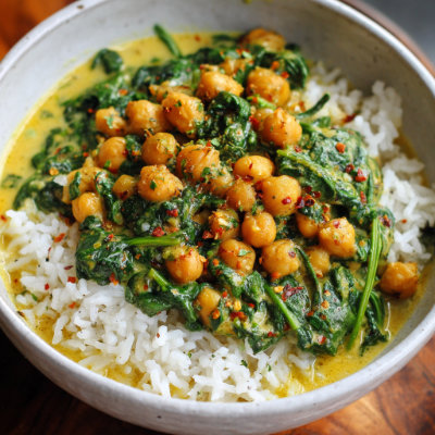 A bowl of chickpea curry with spinach and rice, on a white background with a NutrientShield logo.
