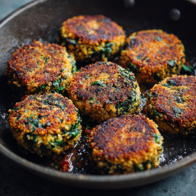 Patties made with chickpeas and spinach, on a white background with a NutrientShield logo.