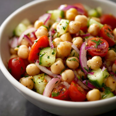 A bowl of chickpea salad.
