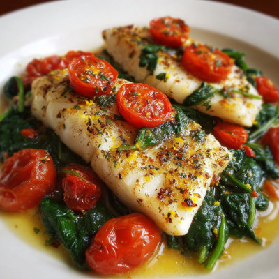 A skillet dish with cod and spinach, on a white background with a NutrientShield logo.
