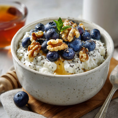 A bowl of cottage cheese with blueberries and walnuts, on a white background with a NutrientShield logo.