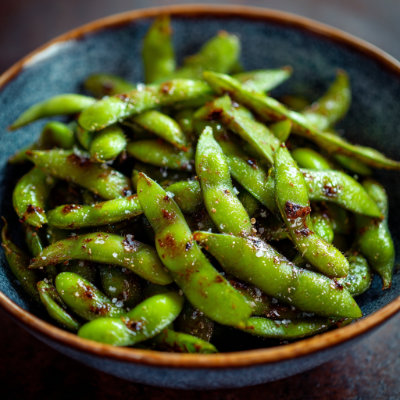 A bowl of steamed edamame pods.