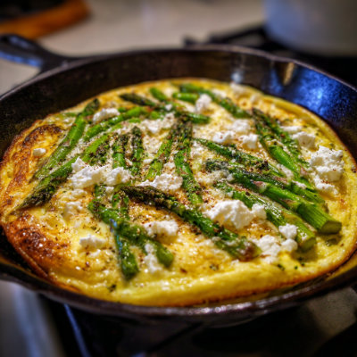 A frittata with eggs, asparagus, and feta, on a white background with a NutrientShield logo.