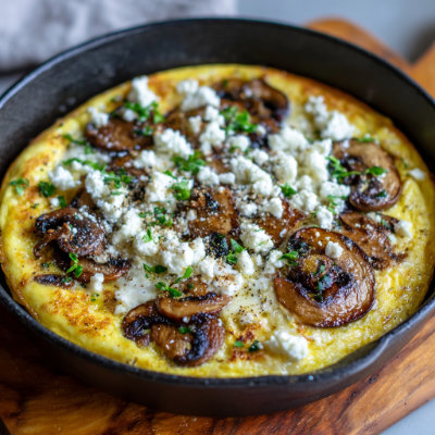 A frittata with UV-exposed mushrooms and eggs, on a white background with a NutrientShield logo.