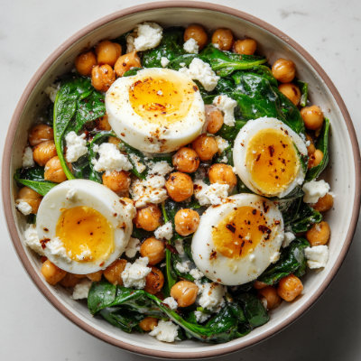 A fresh salad with boiled eggs, chickpeas, and spinach, on a white background with a NutrientShield logo.