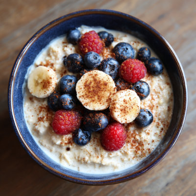 A bowl of oatmeal topped with flaxseeds and fruit.