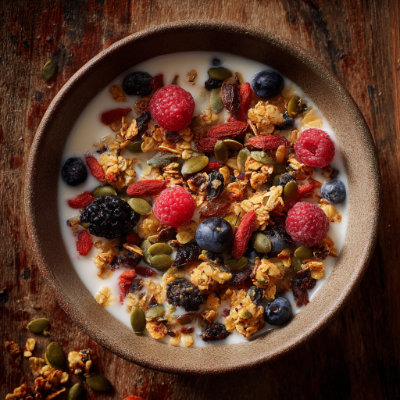 A bowl of fortified cereal with milk and berries.