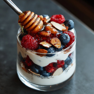 A layered parfait with Greek yogurt, berries, and almonds, in a glass, on a white background with a NutrientShield logo.