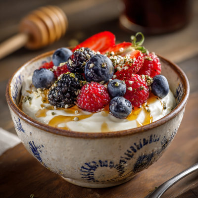 A bowl of yogurt topped with hemp seeds.