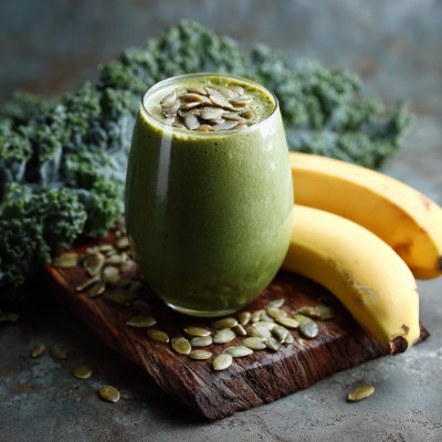 A green smoothie with kale and pumpkin seeds, in a glass, on a white background with a NutrientShield logo.