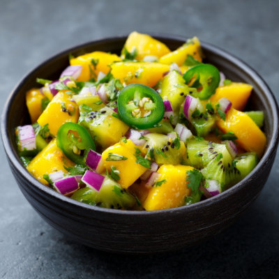 A salsa with diced kiwi, red onion, and cilantro.