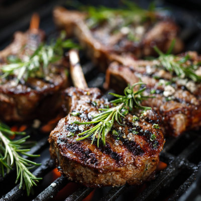 Grilled lamb chops on a plate.