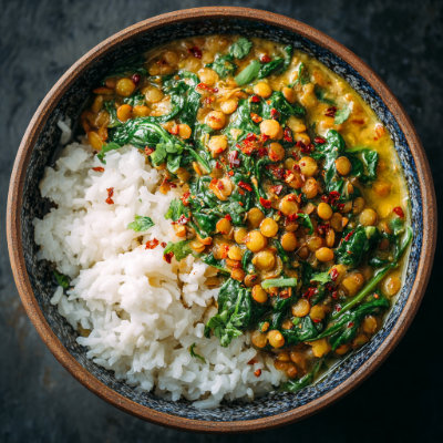 A bowl of lentil curry with spinach and rice, on a white background with a NutrientShield logo.