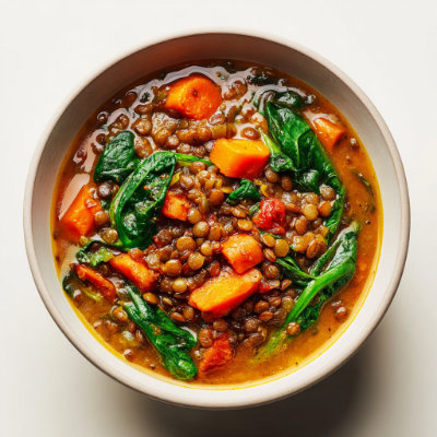 A hearty bowl of lentil stew with carrots and spinach, on a white background with a NutrientShield logo.