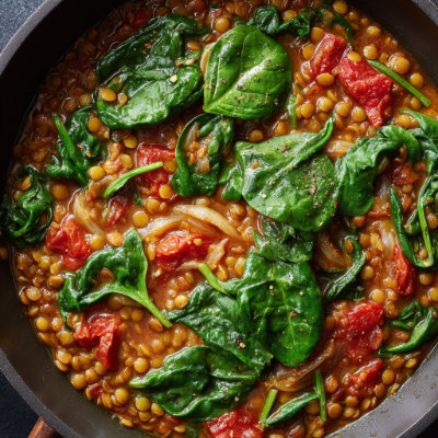 A warm bowl of lentil and spinach curry.