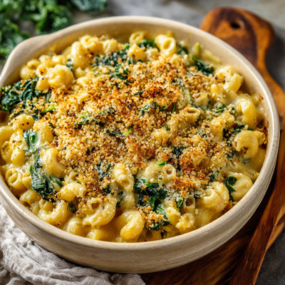 A baked dish of macaroni and cheese with collard greens.