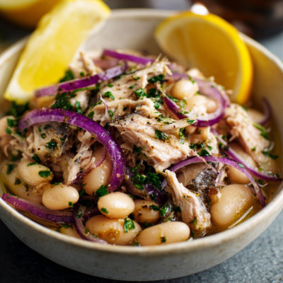A mackerel salad with vegetables.