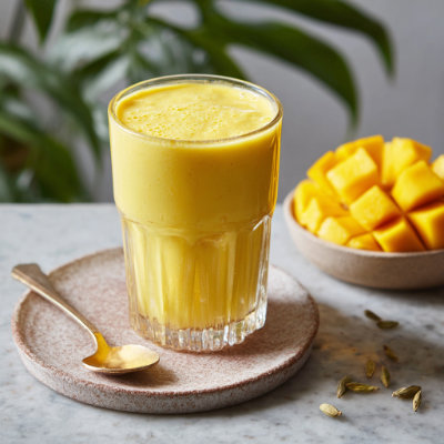 A glass of mango lassi with mint leaves.