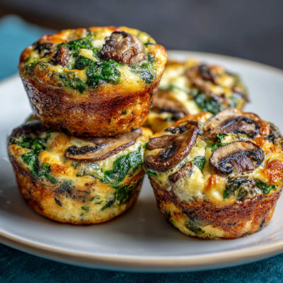Baked egg muffins with UV-exposed mushrooms and spinach, on a white background with a NutrientShield logo.