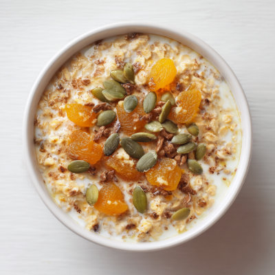 A bowl of oatmeal topped with seeds and berries.