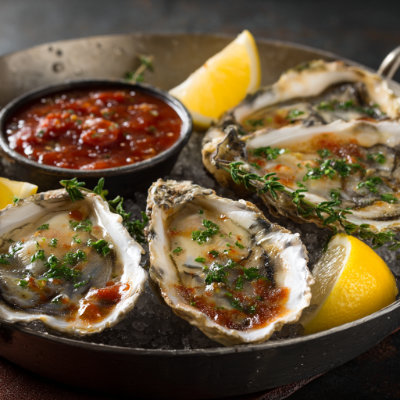 Fresh oysters on a platter.