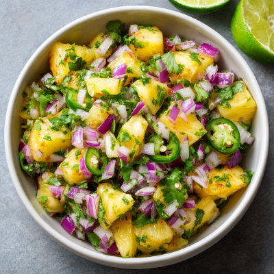 A bowl of pineapple salsa with cilantro.