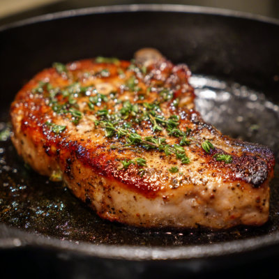 A grilled pork chop on a plate.