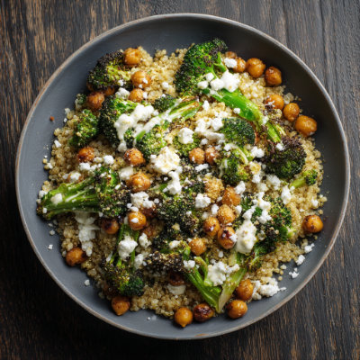 A quinoa bowl with roasted vegetables.