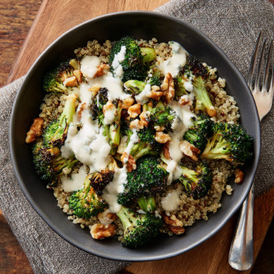 A quinoa bowl with roasted vegetables.