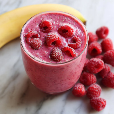A pink smoothie topped with chia seeds.