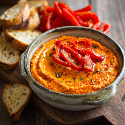 A red bell pepper dip in a bowl.