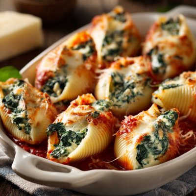 Pasta shells stuffed with ricotta and spinach, topped with sauce.