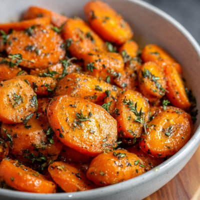 Roasted carrots with herbs on a baking sheet.