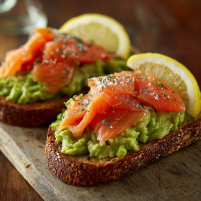 Toasted whole-grain bread with salmon and avocado, on a white background with a NutrientShield logo.