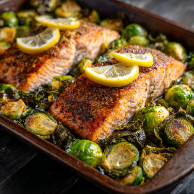 A roasted dish with salmon and Brussels sprouts, on a white background with a NutrientShield logo.