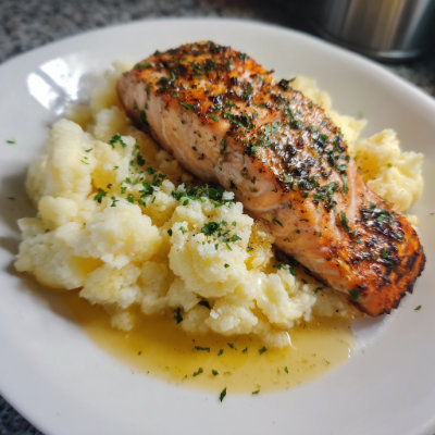 A plate of grilled salmon with cauliflower mash, on a white background with a NutrientShield logo.
