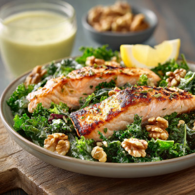A fresh salad with grilled salmon, kale, and walnuts, on a white background with a NutrientShield logo.