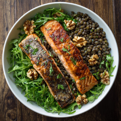 A fresh salad with grilled salmon, lentils, and arugula, on a white background with a NutrientShield logo.