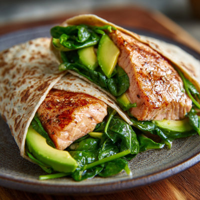 A whole-grain wrap with salmon, spinach, and avocado, on a white background with a NutrientShield logo.