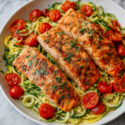 A dish of zucchini noodles topped with grilled salmon, on a white background with a NutrientShield logo.