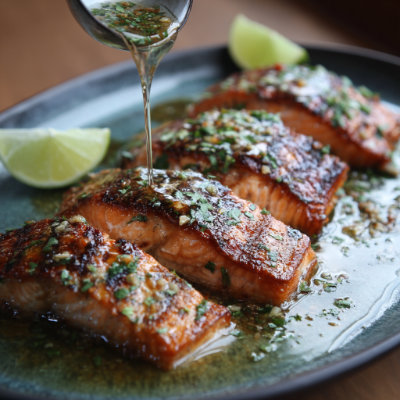 A grilled salmon fillet with coconut sauce and herbs, on a white background with a NutrientShield logo.