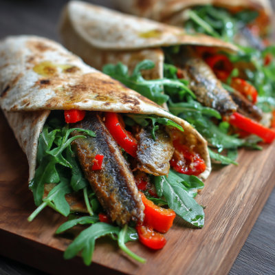 A whole-grain wrap with sardines and bell peppers, on a white background with a NutrientShield logo.