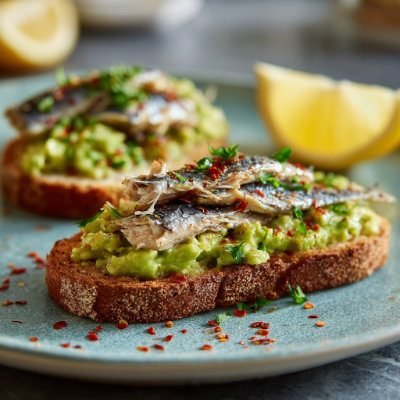 Sardines on toast with fresh herbs.