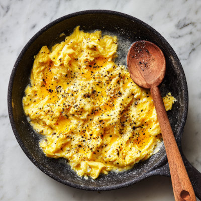 A plate of scrambled eggs.