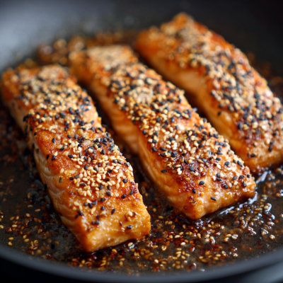 A piece of salmon with a sesame seed crust.