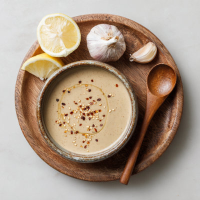 A bowl of sesame tahini dressing.