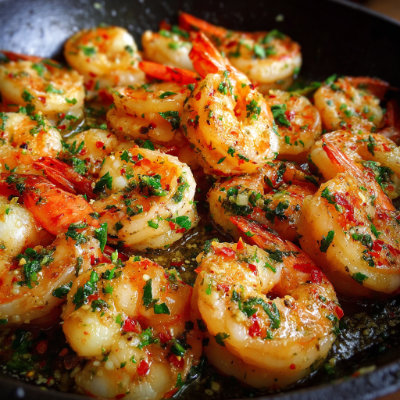Shrimp scampi with pasta and parsley.